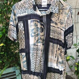 Zara Dark Blue & Cream Mixed Print Short Sleeve Button-Up